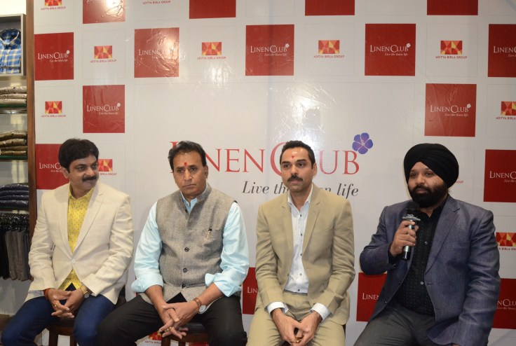 (L-R)Mr.Naresh Arasade,Franchise,Nagpur,Linen Club,Mr.Anil Deshmukh,Former Minister Maharashtra,Bollywood Actor Abhay Deol,Mr. Jasvinder Kataria, Head, Linen Fabric division